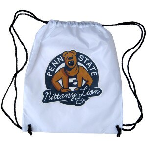 white nylon drawstring backpack with Penn State Nittany Lion Mascot
